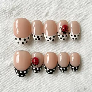Ladybug Polka Dot Press On Nails, Cute 3D Bug Nail Art, Black and White French Tip Nails
