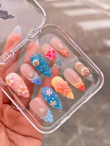 Tropical vibes almond press ons nails /beachy nails,fake nails / Handmade nails / 3D nails flowers /nails art /sea shells