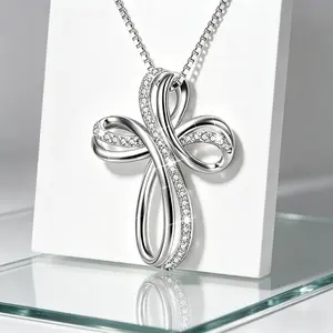 Silver CZ Infinity Cross Pendant Necklace| Dainty Twisted Cross Chain| Perfect Daily & Wedding Jewelry