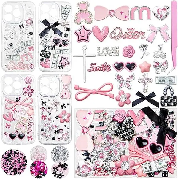 Junk Case Charms Kit for DIY Phone Case Decorating Cute Bow Flatback Pearls Letter Beads & Aesthetic Big Charms Custom Phone Case Decoration Accessories