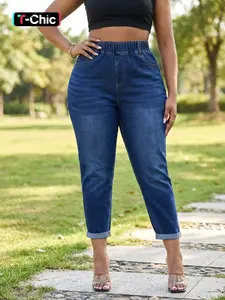 Plus Size Basic Loose Pocket Cotton Jeans, Casual High Waist Elastic Waist Trousers for Women, Women's Bottoms for All Seasons Pants