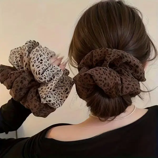 3Pcs Leopard Print Large Satin Scrunchies, Vintage Soft Fabric Big Hair Bows Elastic Hair Ties, Women Casual Hair Accessories