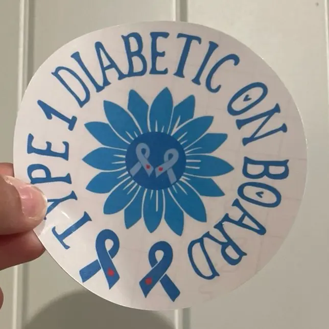Type One Diabetic Vinyl Car Decal with Blue Flower Design and Diabetes Awareness Ribbon