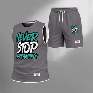 Men's Summer Basketball Set With "Never Stop Dreaming" Print — Featuring A Sleeveless Tank Top Paired With Shorts, This Lightweight, Casual, And Street-Style Athletic Suit Is Perfect For Both Daily Wear And Vacationing