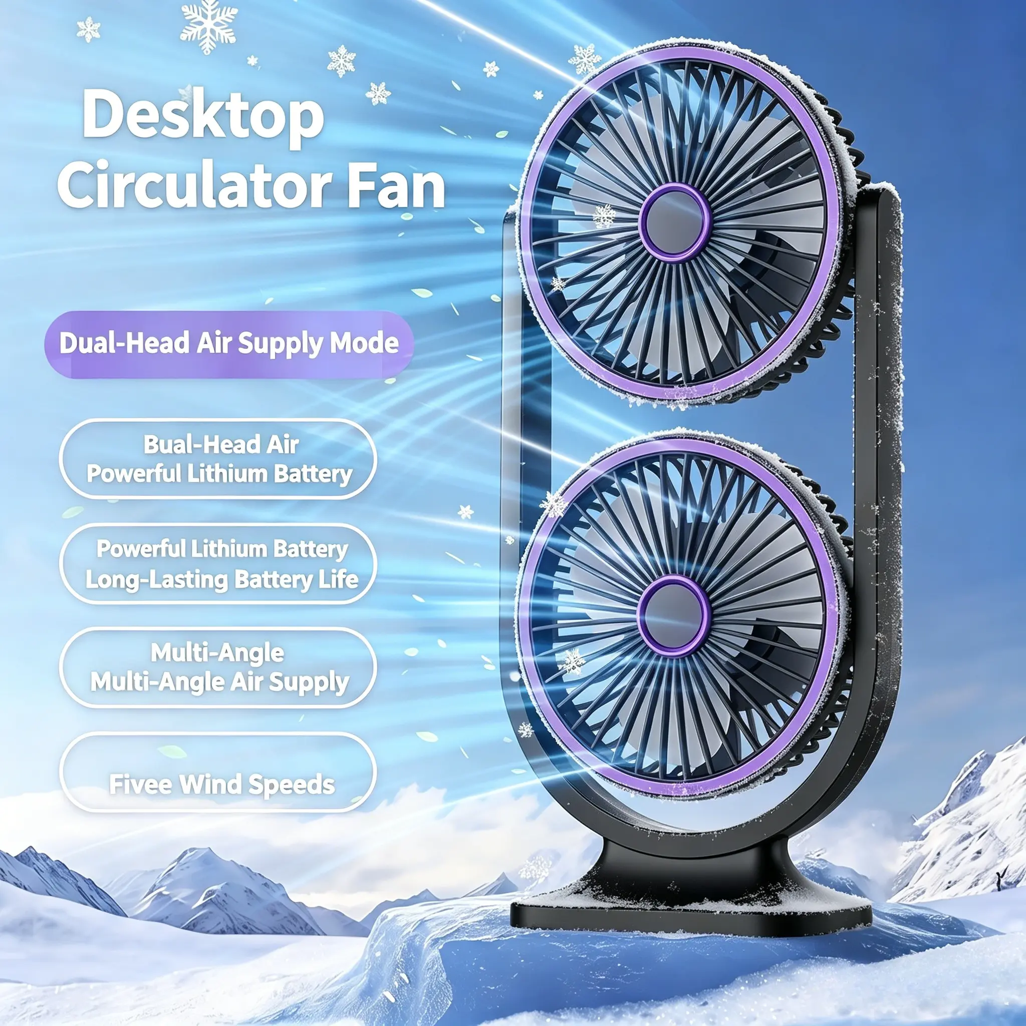 Portable Dual-Head Air Circulation Cooling Desk Fan - USB Charging, 5-Gear Wind Adjustment, Adjustable Night Light, Compact Flexible Size, Soft Sound, for Home, Bedroom, Office, Fan Portable, Airflow Cooling Desk Fans