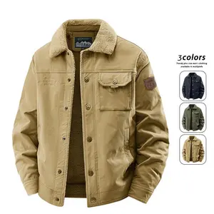 Men’s autumn–winter fleece-lined work shirt jacket, durable army green/beige long-sleeve plain coat for outdoor adventures
