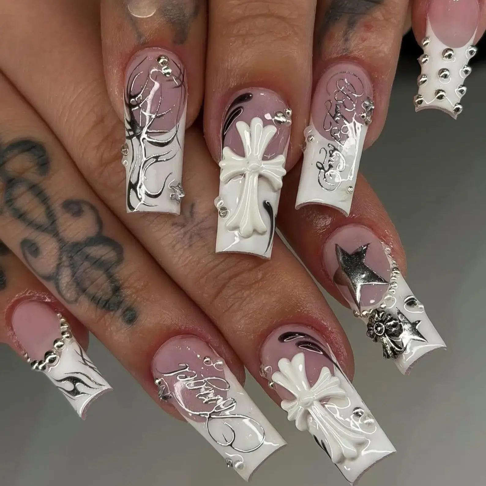 3D Chrome Cross Press On Nails | Gothic Scripture, Cyber Tribal Flames, Punk Y2K Style