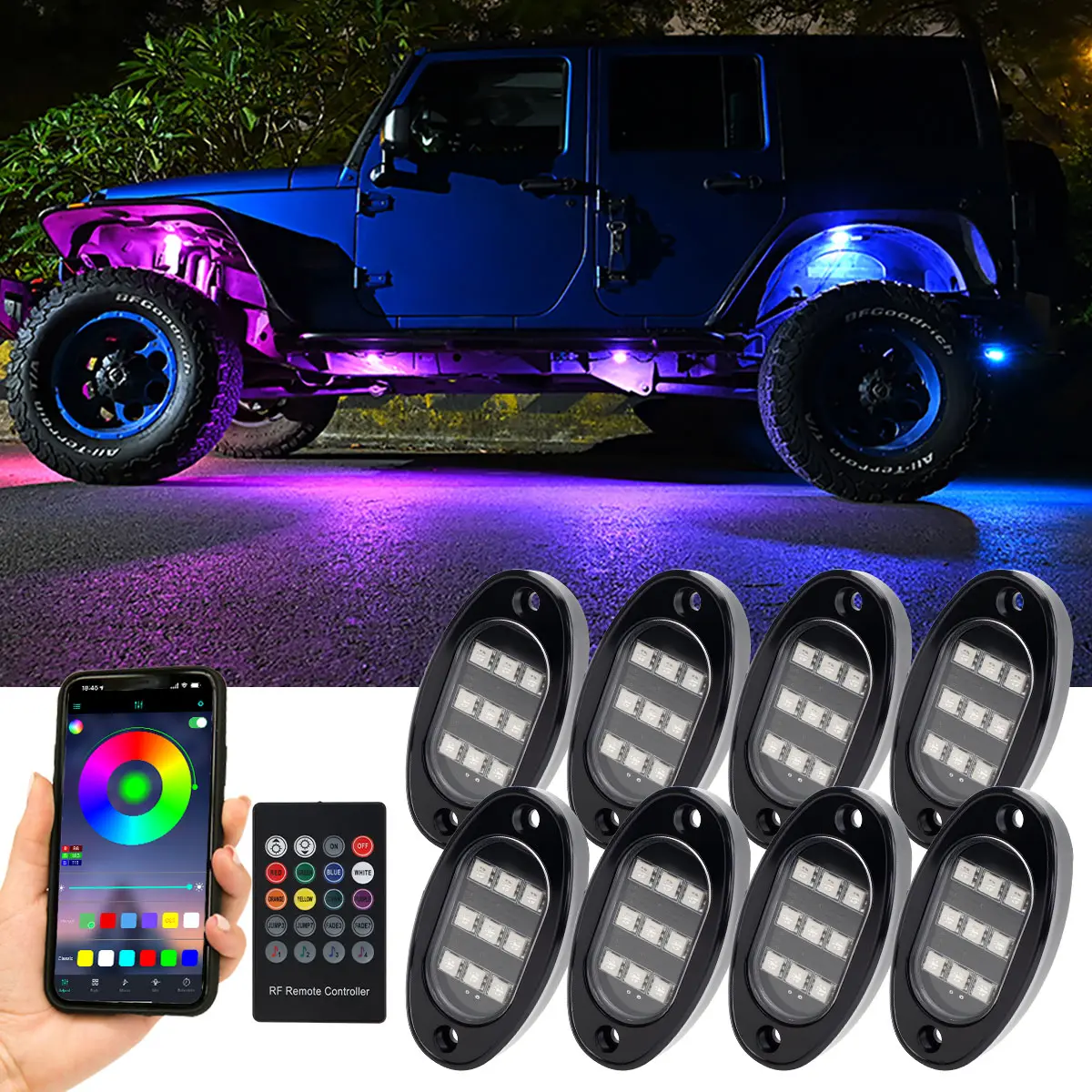 8in1 Rock Light Kit 9LED Chassis Light RGB app/Remote Control Off road Truck SUV 4x4 ATV Jeep Neon Light Body Underlighting Off road Vehicle Atmosphere Light Led Car Lights Multifunctional Car Led Car Atmosphere Lamp Led Lights For Car