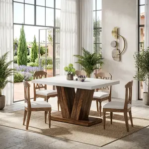 47 Inch Rustic Dining Table, White & Oak MDF Rectangle Dinner Table with Sturdy Support, 250lbs Load Capacity Industrial Kitchen Table for 4-6 People, Ideal for Home Dining Room Cafe Breakfast Nook