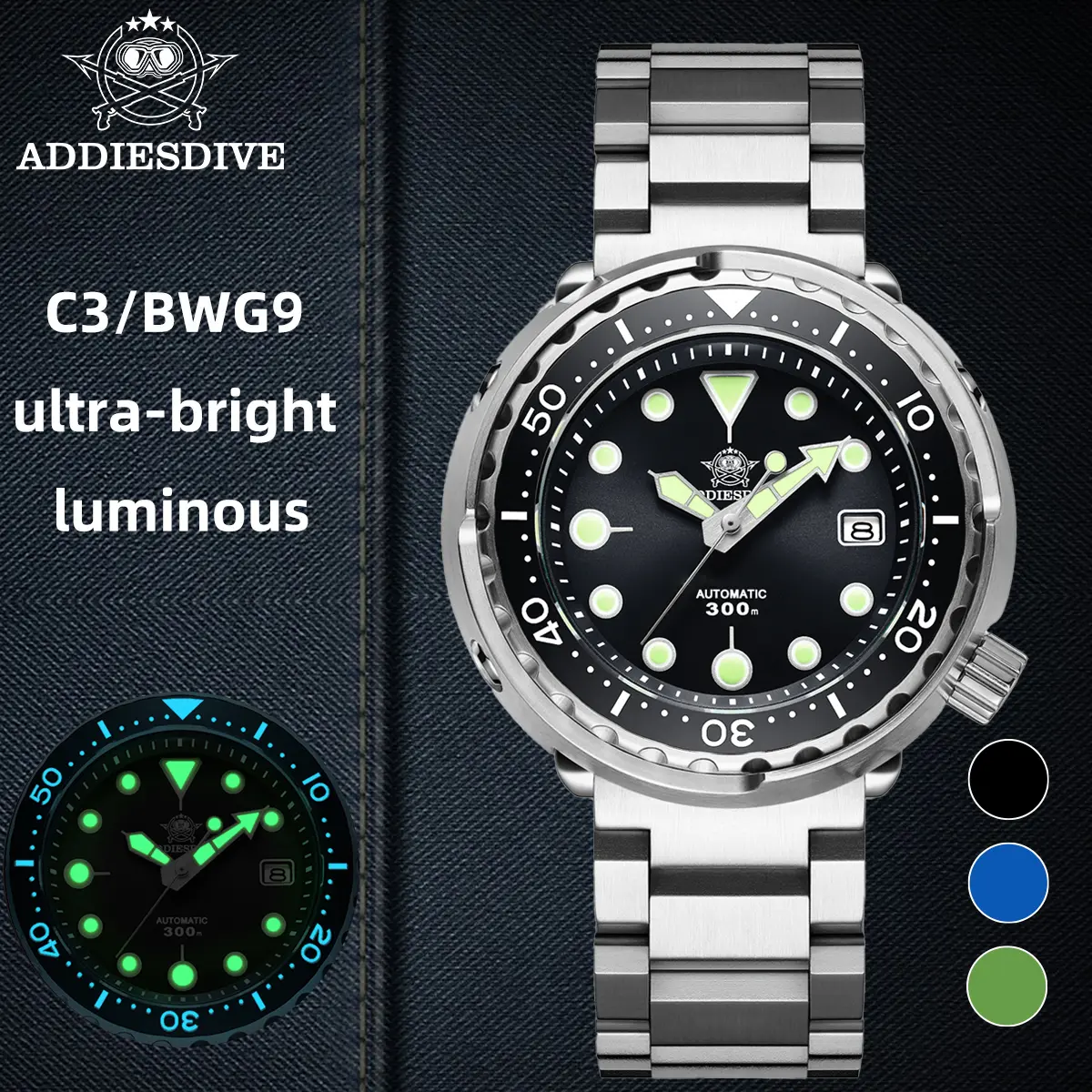 ADDIESDIVE Automatic Watches for Men Dive Watch - Mechanical Watch Sapphire 300m Water Resistance Swiss C3 Luminous Stainless Steel Watch