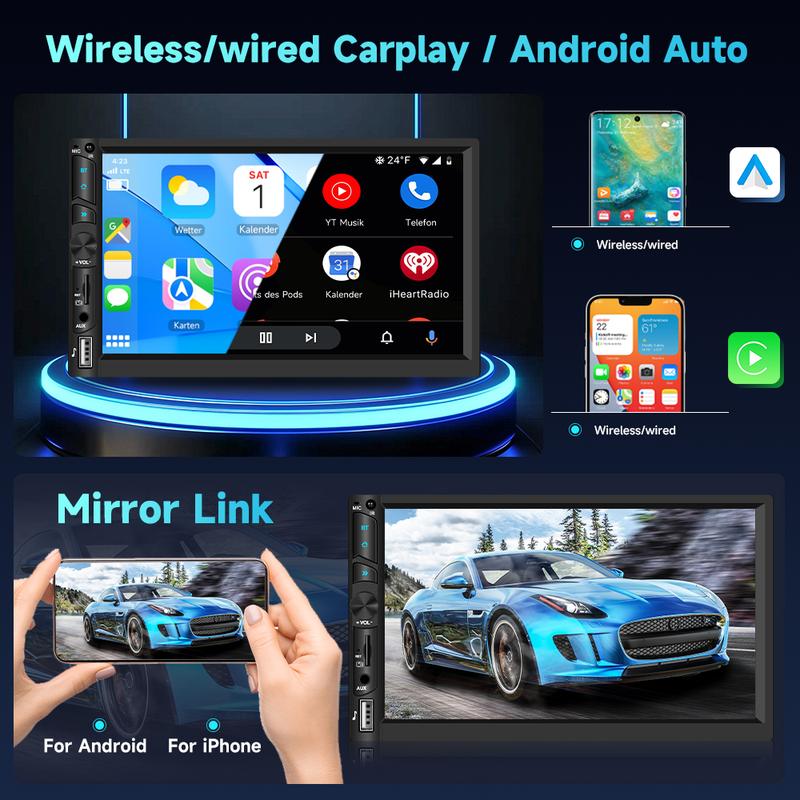 7 Inch Double Din Wireless Carplay Android Auto Bluetooth Car Radio, HD Touch Screen Car Stereo with Mirror Link, Backup Camera, FM Car Audio, EQ, AUX/USB/SD Card Input, Steering Wheel Control
