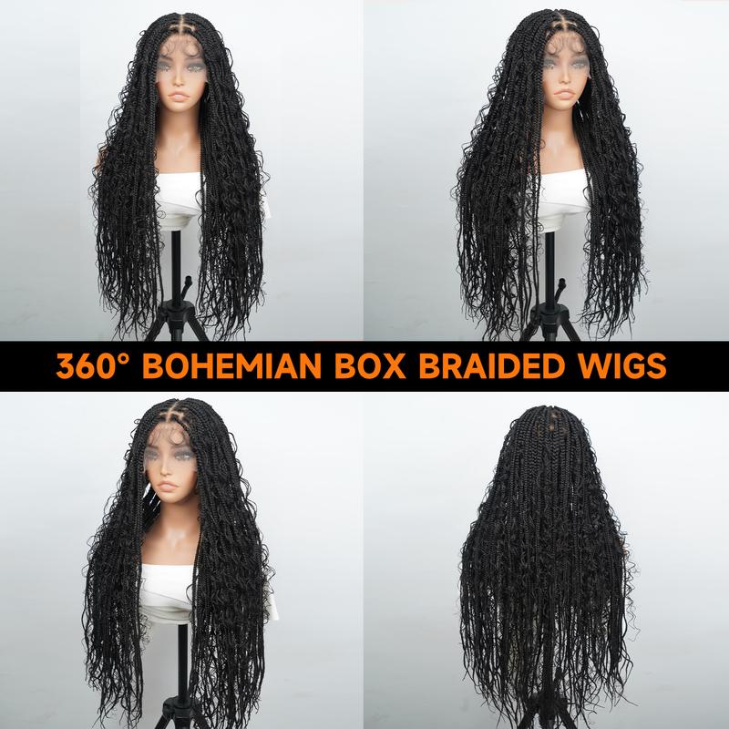Wiggins 36 Inch Box Braided Wigs Full Lace Front Wig Synthetic Long Braided Wig Synthetic Braided Wigs With Boho Curly Ends WeeklyDeals