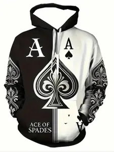 Men's 3D Poker Pattern Sweatshirt, Drawstring Pocket Long Sleeve Hoodie, Casual Graphic Jacket, Spring Fall Top, All Seasons Wear