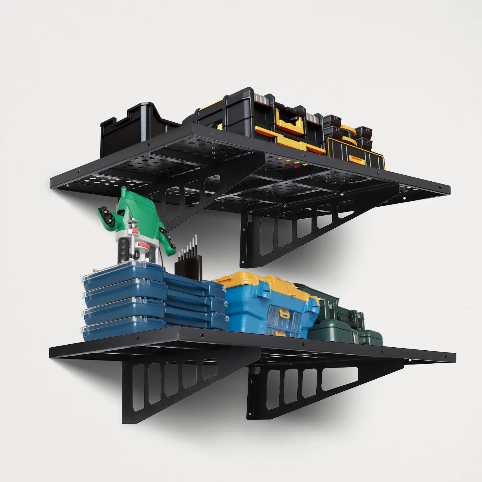 2-Pack Heavy Duty Garage Wall Shelving, Wall Mounted Adjustable Metal Floating Storage Racks, Comes with Practical Hooks, 600 Lbs Max Load Capacity, Sturdy Steel Shelf System for Garage Space Organization