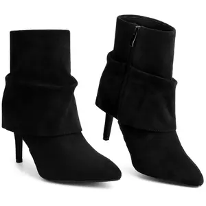 BLISSFUL STEP Women's Pointed Toe Fold Over Boots Stiletto Heel Slouch Ankle Boots