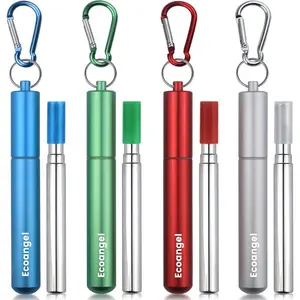 Cruise Ship Essentials,4-Pack reusable Collapsible Stainless Steel Drinking Straws with Aluminum Case,Cleaning Brush,and Keychains-Silver,Blue,Red,Green