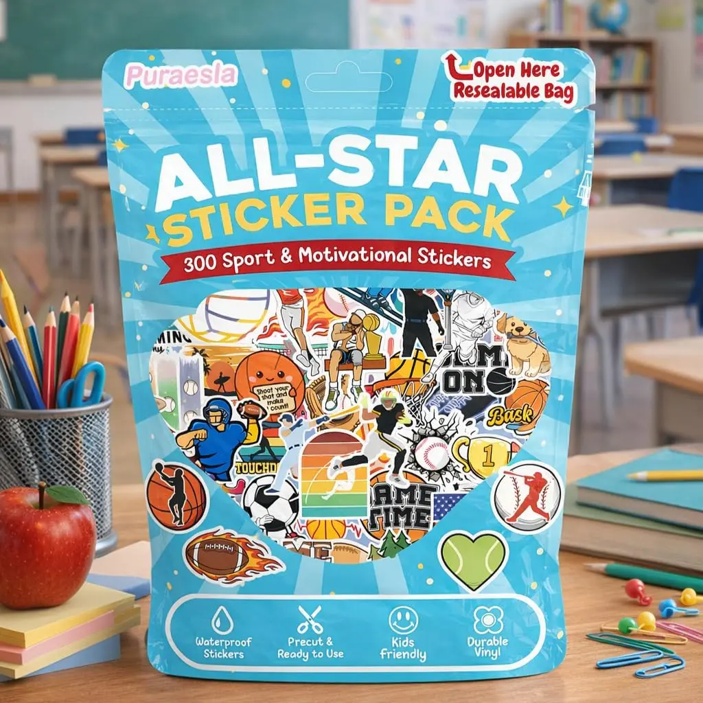 300PCS Sports Stickers by Puraesla - Water Bottle Stickers, World Cup Soccer Stickers for Classroom, Basketball Football Baseball Tennis Golf Reward Bulk Sticker Pack for School Party Favors Vinyl