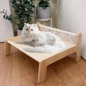 Cat Hammock Bed - Macrame Elevated Cat Bed for Indoor Cats, Free-Standing Breathable Cat Chair, Wooden Cat Swing Bed Pet Furniture Gift for Cats and Small Dogs