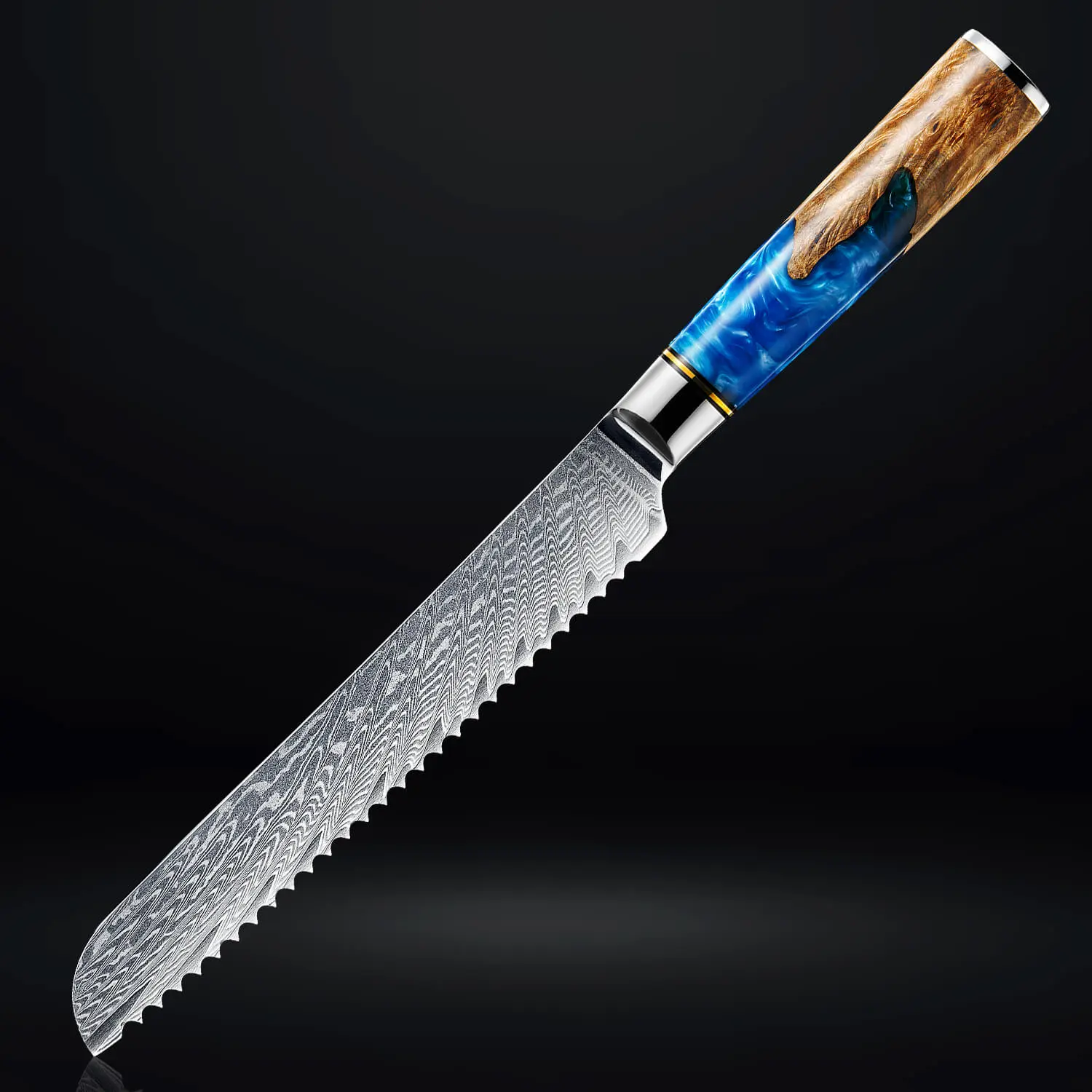 'Tsunami' 67-Layer Damascus Steel Bread Knife - Japanese VG10 Damascus Steel & Blue Resin Handle - 8" Serrated Blade, Includes Luxury Gift Box - Senken Knives