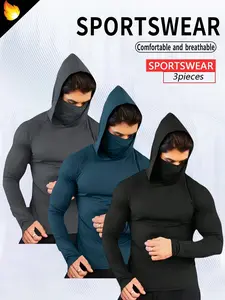 3 Pack Men's Compression Hooded Balaclava Long Sleeve Shirt, Quick Dry Tactical Sun Protection Hoodie with Thumb Holes, Breathable Base Layer for Workout, Cycling, Fishing #springsaledeals2026 #summeroutfits #fyp #mentacticalwear：Men's 3 Pack Hooded Face