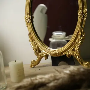 French Vintage Makeup Mirror with a Golden Embossed Design, Home Decorative Mirror