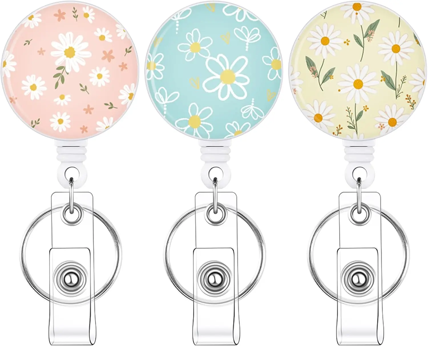 3 Pack Badge Reels Retractable Badge Clip with Key Ring Retractable Badge Holders for Office Worker Teacher Nurse StudentDaisy
