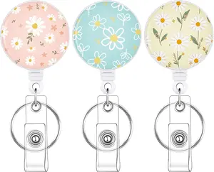 3 Pack Badge Reels Retractable Badge Clip with Key Ring Retractable Badge Holders for Office Worker Teacher Nurse StudentDaisy