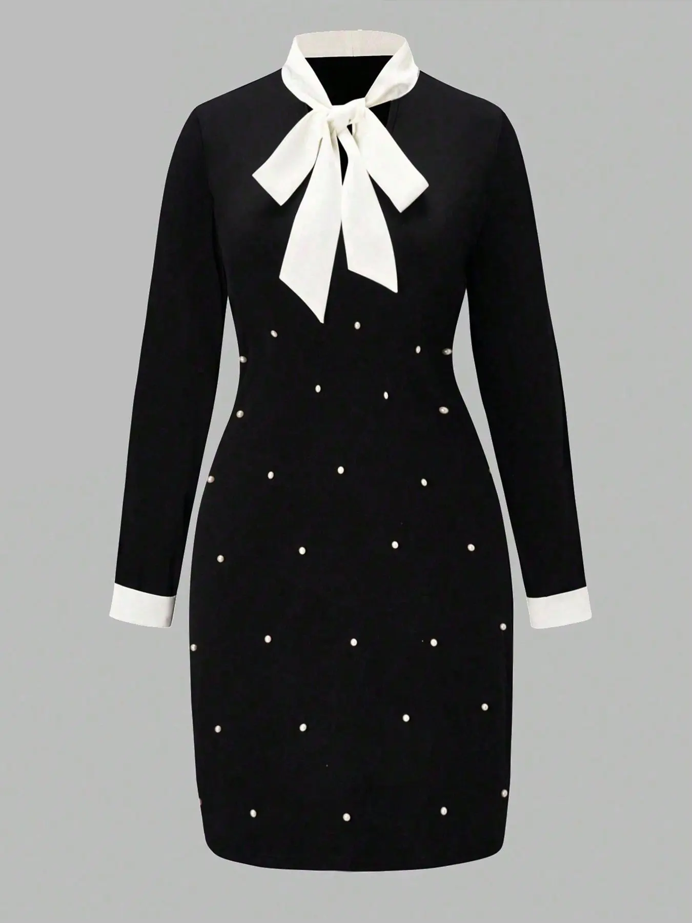 A long-sleeved fitted aesthetic dress with a black and white contrasting bow  tie for ladies, exuding elegant charm and suitable for all occasions. -  TikTok Shop