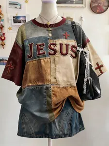 Vintage Patchwork Pattern T-Shirt, Vibrant Colors, Comfortable Wear, Jesus Cross Faith Design, Round Neck, Casual Daily Wear