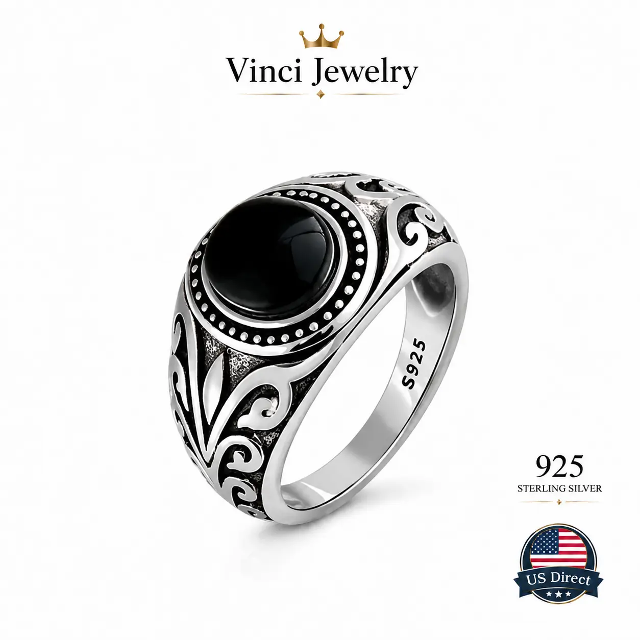 S925 Iris Synthetic Obsidian Ring for Women Men Unisex, Vintage Retro Gothic Sterling Silver Scroll Engraved Biker Jewelry for Men, Big Chunky Ring Victorian Style Jewelry Gift for Father Mom, Father's day Gift Boho Statement Ring Exquisite Trendy Ring