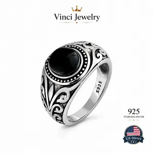 S925 Iris Synthetic Obsidian Ring for Women Men Unisex, Vintage Retro Gothic Sterling Silver Scroll Engraved Biker Jewelry for Men, Big Chunky Ring Victorian Style Jewelry Gift for Father Mom, Father's day Gift