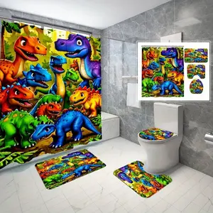 1/4pc Vivid Dinosaur Pattern Shower Curtain Set, Festive Design, Includes Non-Slip Mat, U-Shaped Rug, and Toilet Seat Cover. Perfect for Bathroom Decor, Beautifies the Space. Comes with 12 Shower Curtain Hooks. Bathroom Decoration Accessories