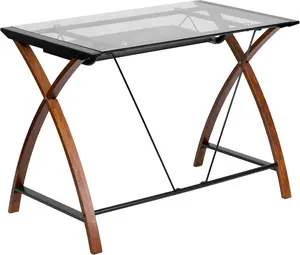 Glass Computer Desk with Pull-Out Keyboard Tray, Tempered Glass Top, Cherry Finished Leg Design, 100 Lbs. Weight Capacity, Compact for Small Spaces
