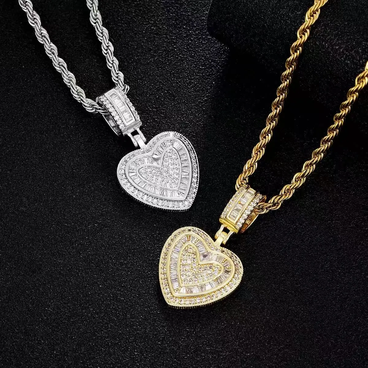 Unisex 5425 Iced Out Triple-Stacked Heart Pendant Necklace - Full Micro Pave Zircon, Layered Hearts, Wide Bail, Metal Coating, Streetwear Hip Hop Costume Jewelry