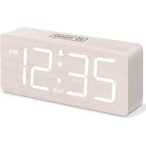Wooden Digital Alarm Clock for Bedroom - Desk Clock for Living Room with Large Numbers, Dimmer, Loud Alarm for Heavy Sleepers with Volume Control, DST, Office Wood Decor (Plug in Clock)