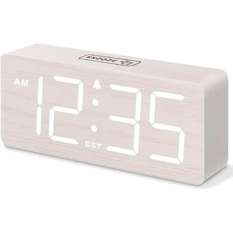 Wooden Digital Alarm Clock for Bedroom - Desk Clock for Living Room with Large Numbers, Dimmer, Loud Alarm for Heavy Sleepers with Volume Control, DST, Office Wood Decor (Plug in Clock)