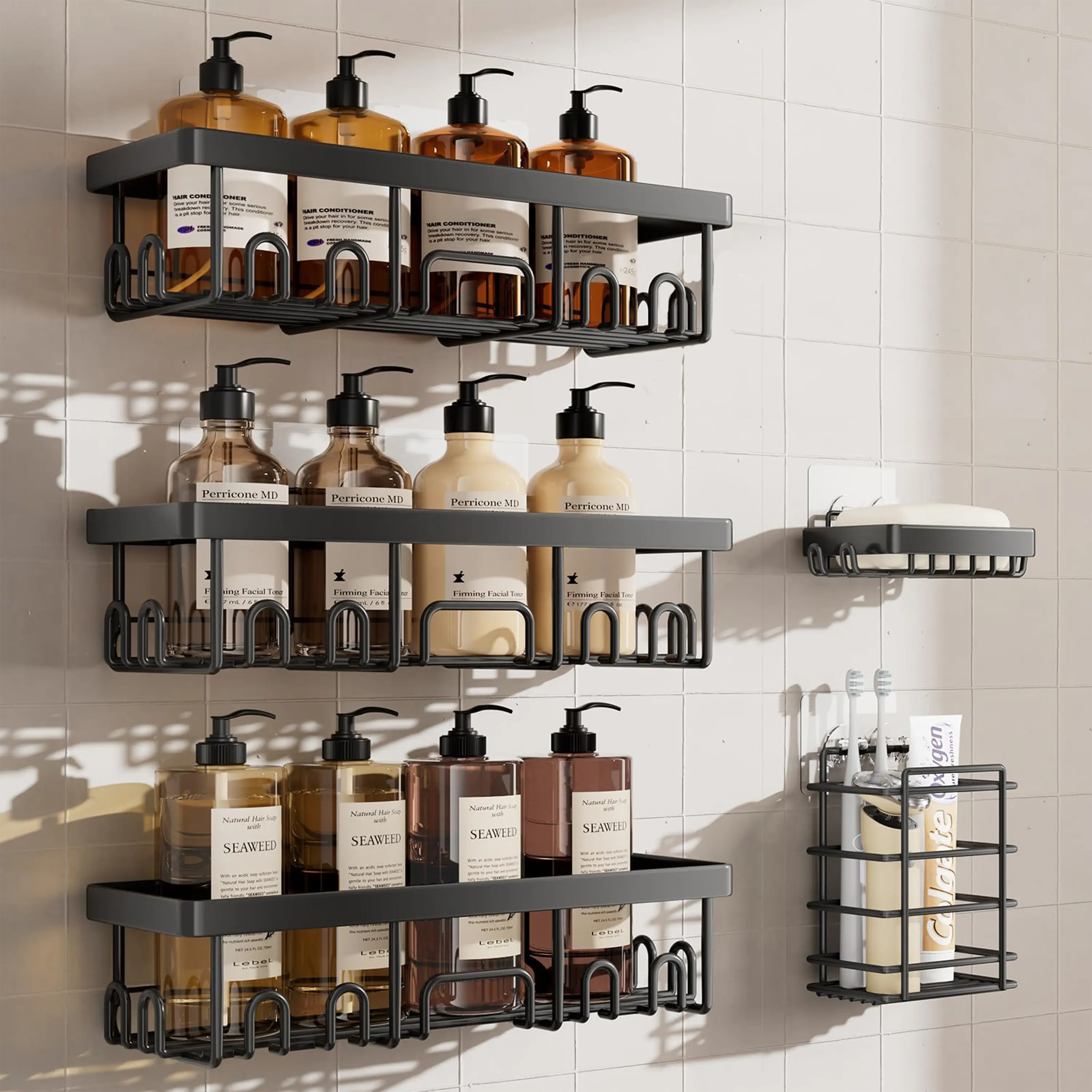 Rustproof Bathroom Caddy Set - 5-Piece Heavy-Duty No-Drill Shower Organizer with Hooks for Restock Modern Installation, Easy-to-Install Space-Saving O