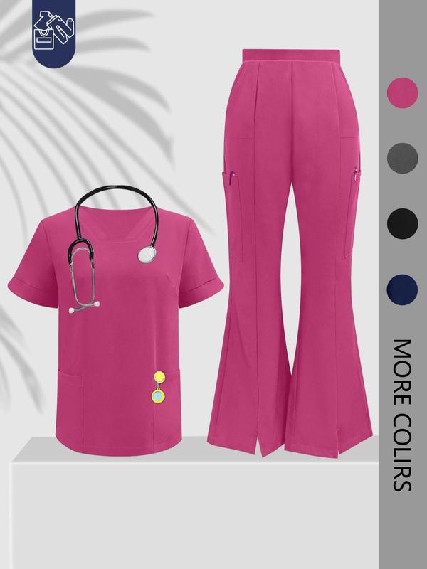 Cimmuovere Women's Solid Color Flare Leg Pants & Top Two-Piece Set, Casual Comfy Breathable Workwear & Uniforms for Women, Women's Uniforms for Summer, Business Attire Clothes