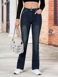 1 Spring Summer Rhinestone Bootcut Jeans Women | Mid Rise Stretchy Dark Wash Flare Denim Pants | Y2K Glam Style for Daily Date Night Party Club Wear