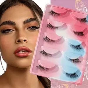 Fish Tail False Eyelash Set - Natural Makeup, Mixed Length 6-12mm, Multiple Pair Extended Half Eyelash, Lifting Effect, Light Blue and Pink, Easy to Use