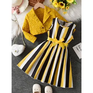 Girls' Autumn Two-Piece Set, Three-Dimensional Floral V-Neck Long-Sleeved Jacket, Striped Vest Dress, Easy And Fashionable Choice, Very Suitable Daily, Outdoor Play, Party Parties And Other Occasions, Outdoor
