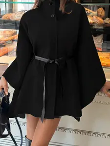 Outta Box Women's Sleeveless Stand Collar Loose Plain Belt Cape Coat, Fashionable Elegance for Daily Wear, Parties, Fall Winter Christmas