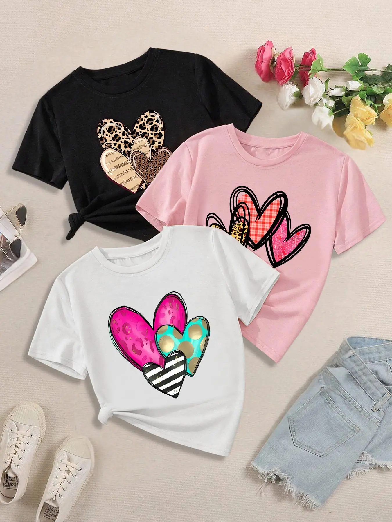 Girl's Heart Print Tee, Casual Short Sleeve T-shirt for Summer, Tops, Kids Clothes for Daily Wear