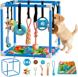 Indoor Puppy Play Gym - Pet Agility Training & Behavior Aid with Snuffle Mat, 8 Hanging Toys, PVC Frame, Stretchy Velcro Rope for Small Dog Boredom Enrichment Interactive