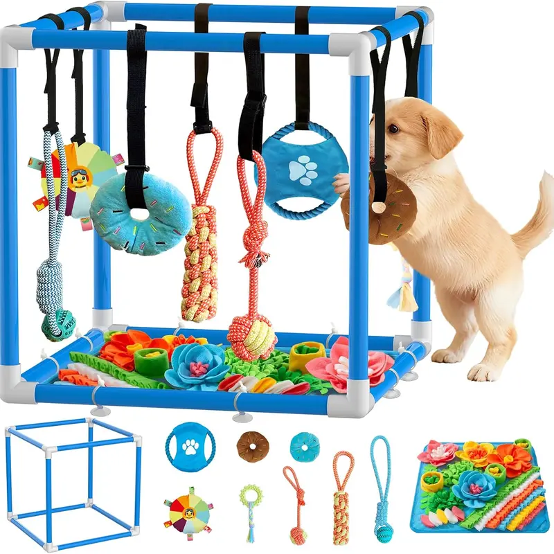 Indoor PVC Frame Puppy Playful Agility Equipment - 8 Toy Variety, Snuffle Mat Agility Equipment, Stretchy Velcro Rope, Bite-Resistant, Tug-and-Stretch Fun, Foraging Behavior Encouragement, Boredom Relief (Blue, 19.6x19.6x19.6in)