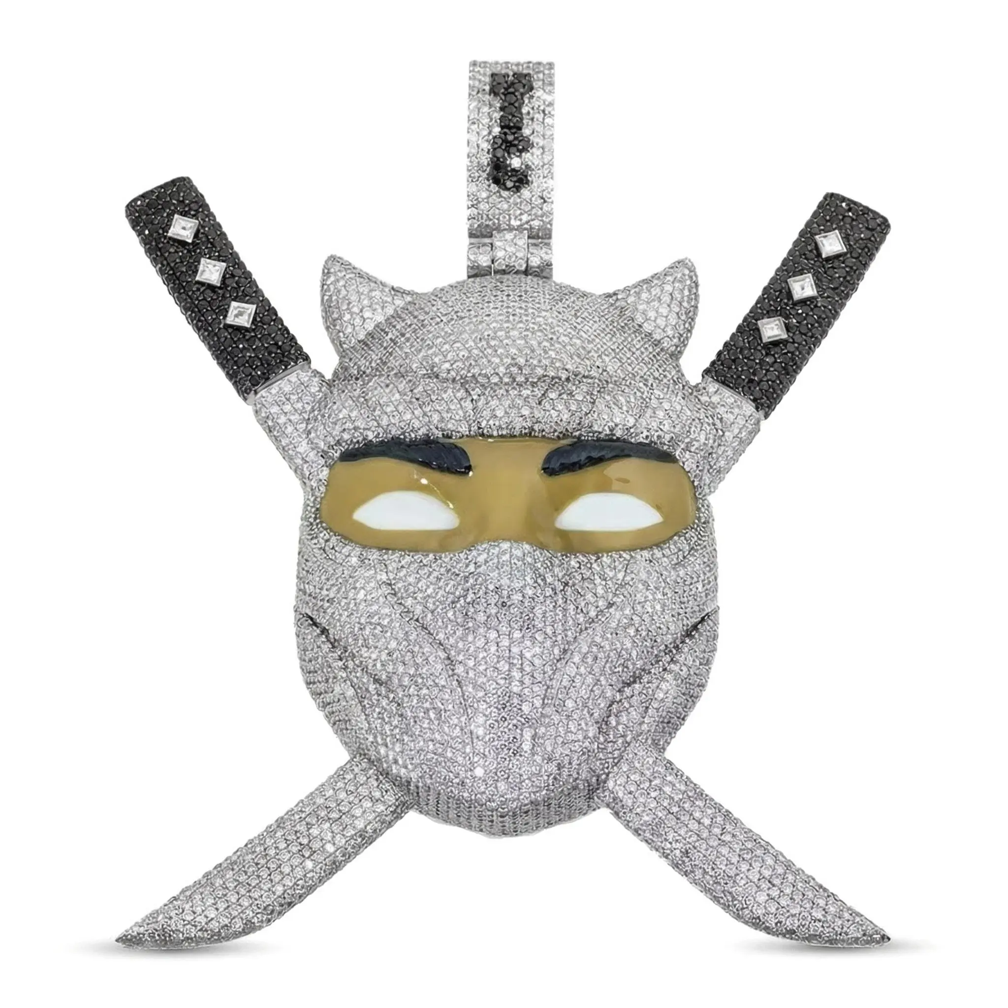 65.SPACEICE Iced Out 3 Inches Ninja Mask & Pulalble Dual Swords Pendant