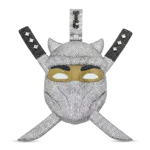 ⑥⑤SPACEICE Iced Out 3 Inches Ninja Mask & Pulalble Dual Swords Pendant