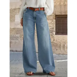 Trendy women's slim and wide leg denim pants, with a non stretchy mid waist and a loose three-dimensional shape that perfectly complements the leg shape. Adopting a water washing process, the pockets are decorated with buttons, making them suitable for al