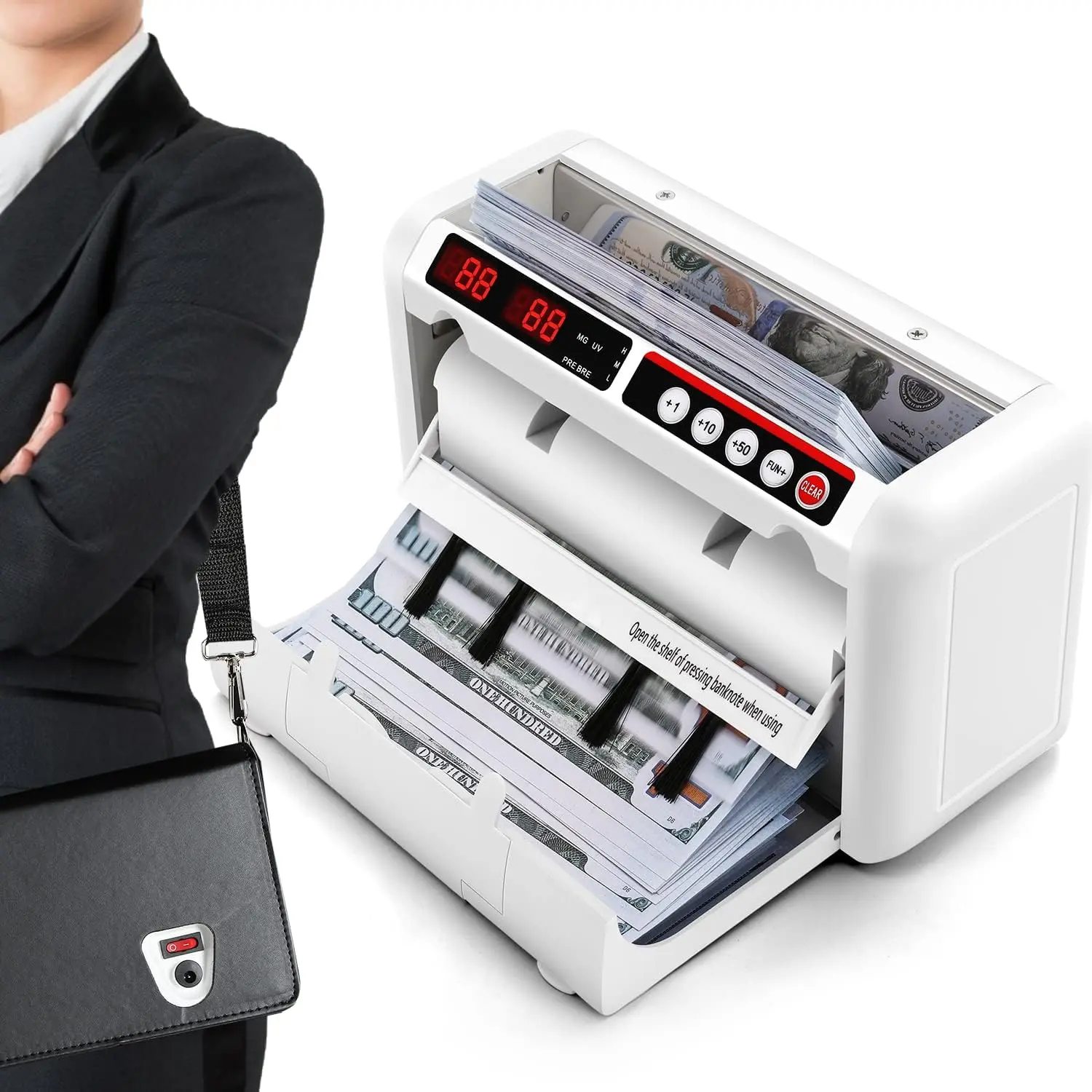 Battery Operated Bill Counter Machine Portable Rechargeable Money Counter |   UV/IR/MG Counterfeit Detection, 800pcs/min Counting Speed, Take Anywhere with A Backpack for Multi-Currency Or Tickets