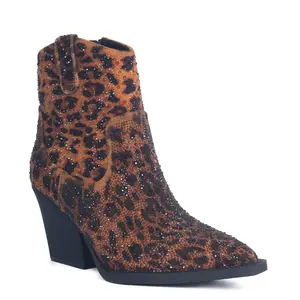 Lauren Lorraine SAMMY Women's Leopard Print Chunky Heel Ankle Boots with Pointed Toe Classic Western Style Walking Shoes for Holiday Parties